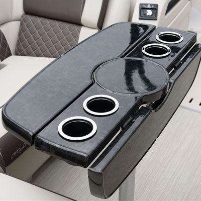 Black folding pedestal mount removable table with cup holders