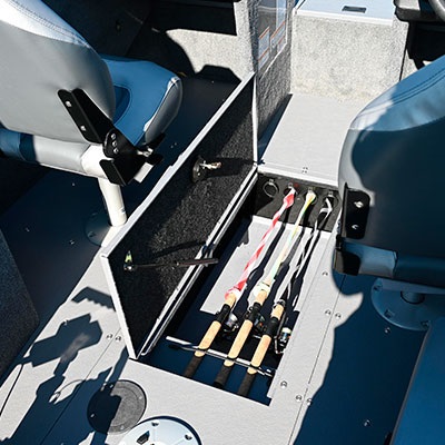 In-floor lockable rod organizer for 4 rods