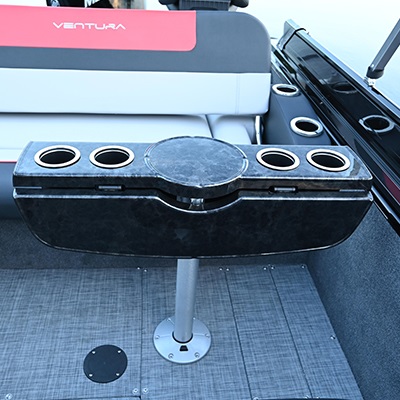 Table à goûter noire repliable sur poteau amovible avec porte-verres